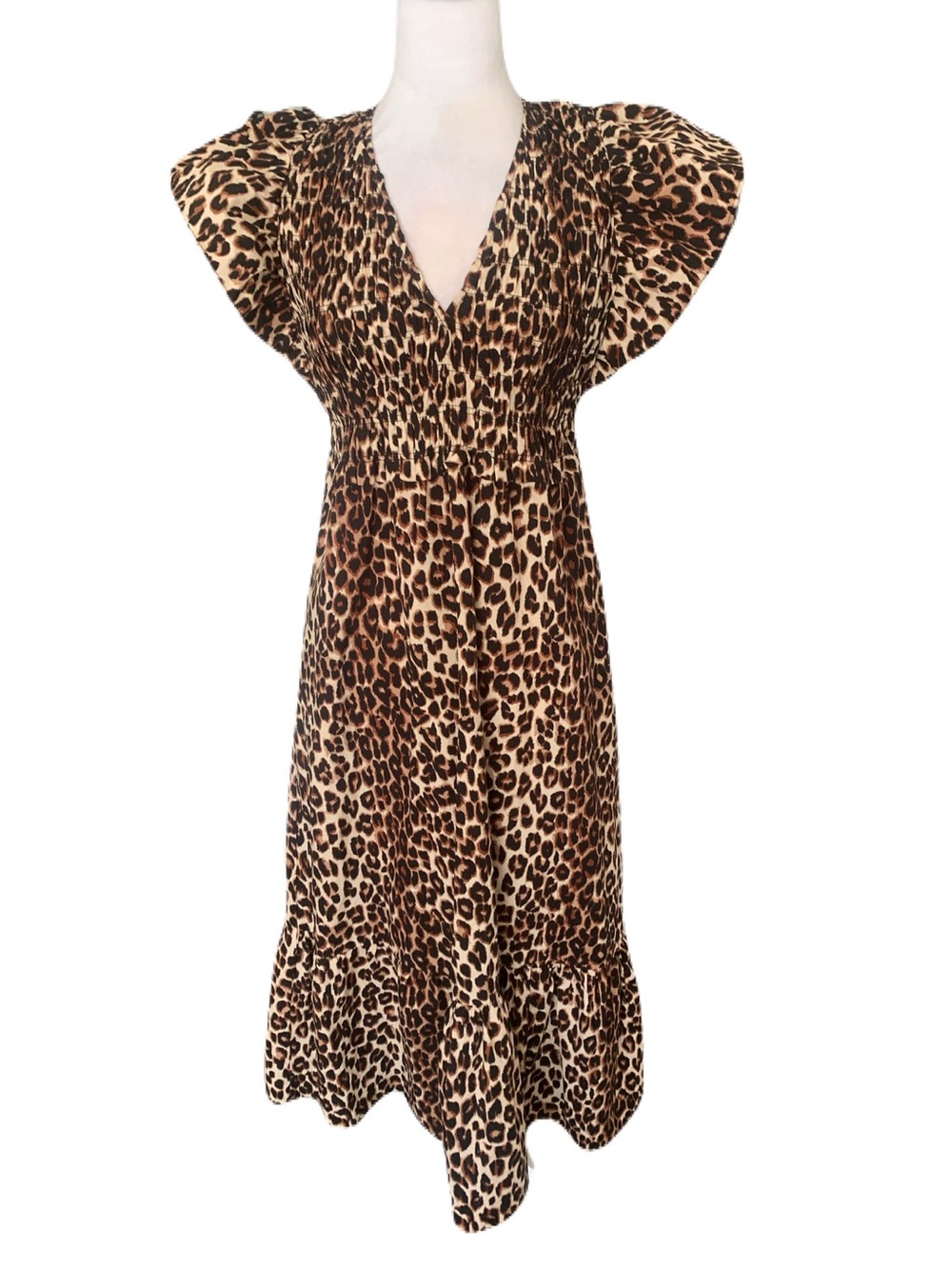 Rails XS Leopard Animal Print Clementine V-Neck Smocked Poplin Midi Dress